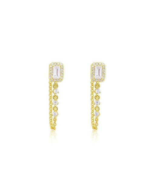 Yellow Gold Tone Emerald Cut Chain Earrings Studs