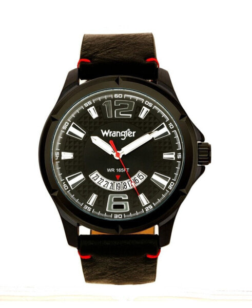 Men's Watch, 48MM IP Black Case, Black Zoned Dial with White Markers and Crescent Cutout , Date Function, Black Strap with Red Accent Stitch Analog, Red Second Hand