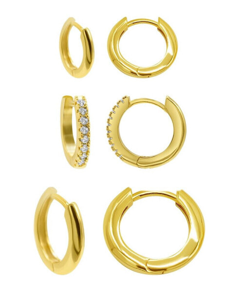 14K Gold Plated 3-Huggie Hoop Earrings Set with 1-Crystal Hoop
