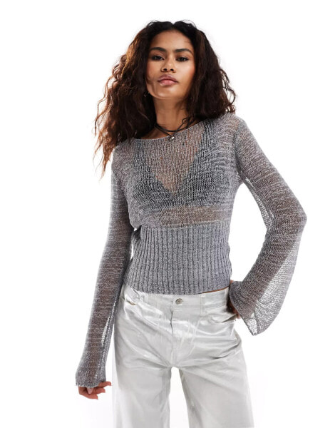 COLLUSION fine gauge textured knitted jumper in grey melange