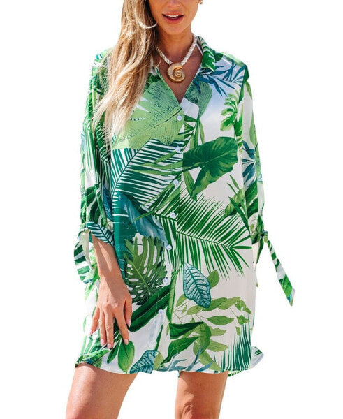 Women's Tropical Collared Button-Up Mini Cover-Up