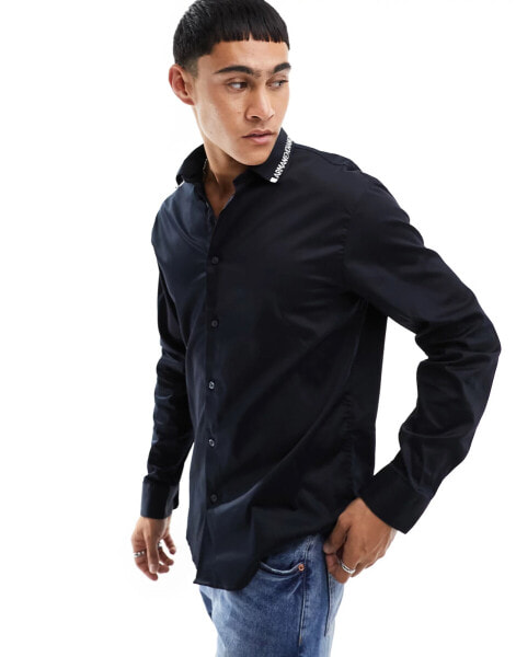 Armani Exchange logo tipped knit collar cotton poplin shirt in navy