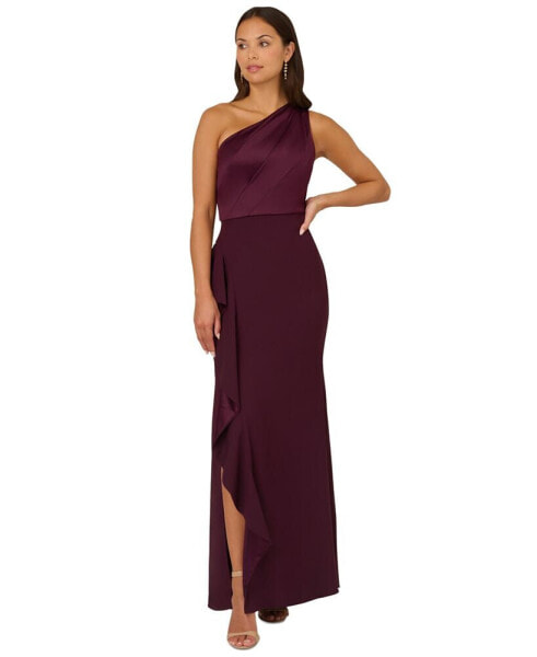 One-Shoulder Satin-Trim Draped Gown