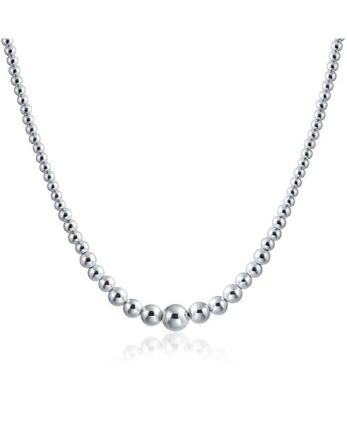 Traditional Classic Shinny Polished .925 Sterling Silver Graduated Round Lightweight Bead Ball Strand Necklace For Women 16 Inch Hand Strung