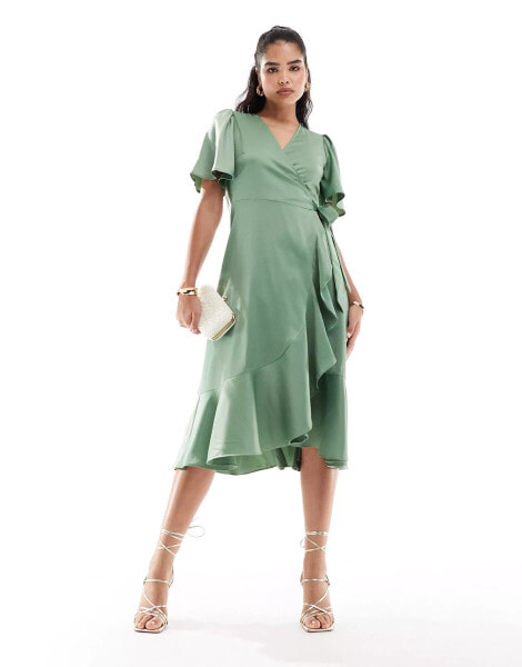 YAS Bridesmaid satin wrap midi dress in green - MGREEN