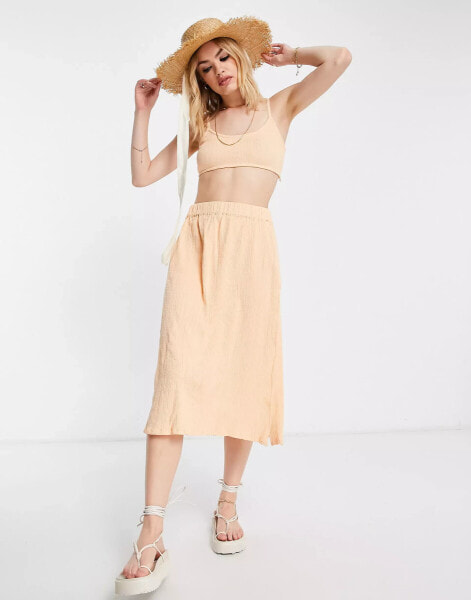 ASOS DESIGN crinkle split midi skirt co-ord in peach