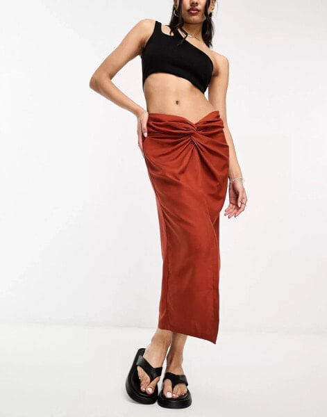 Threadbare linen look knot front midi skirt in rust