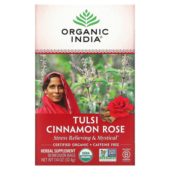 Organic India, Tulsi Tea, роза с корицей, без кофеина, 18 пакетиков для заваривания, 32,4 г (1,14 унции)