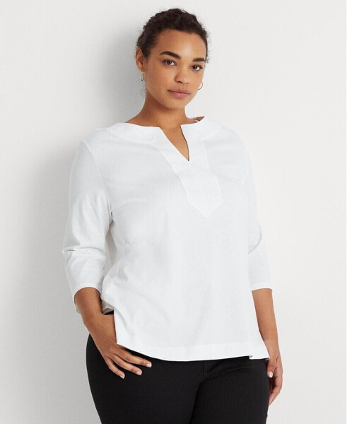 Women's Plus Size Split-Neck Three-Quarter Sleeve Cotton Tunic