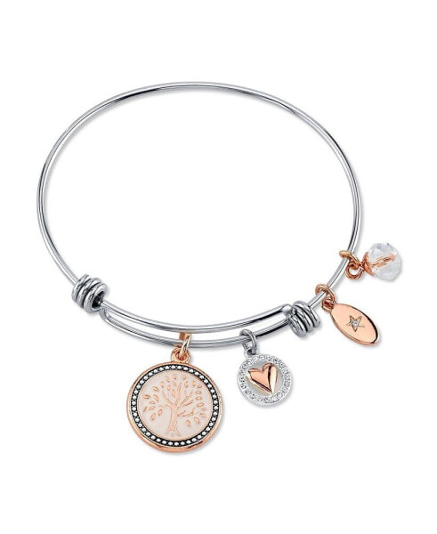 "My Family, My Love" Family Tree Bangle Bracelet in Stainless Steel & Rose Gold-Tone with Silver Plated Charms