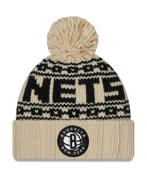 Women's Cream Brooklyn Nets Sport Cuffed Knit Hat with Pom