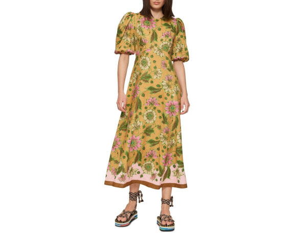 Alemais Womens Winnie Linen Floral Print Midi Dress Tangerine Size 4