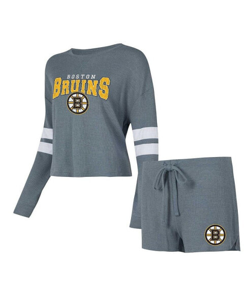 Women's Gray Distressed Boston Bruins Meadow Long Sleeve T-shirt and Shorts Sleep Set