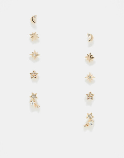 ASOS DESIGN pack of 5 stud earrings with celestial detail in gold tone