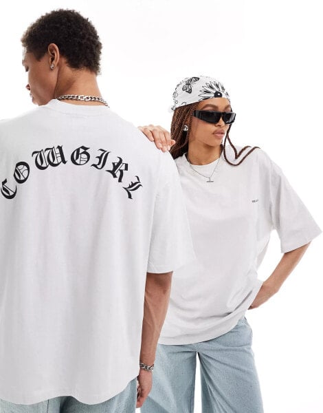 COLLUSION SLOGAN Unisex skater fit t-shirt with Western Cowgirl print in white