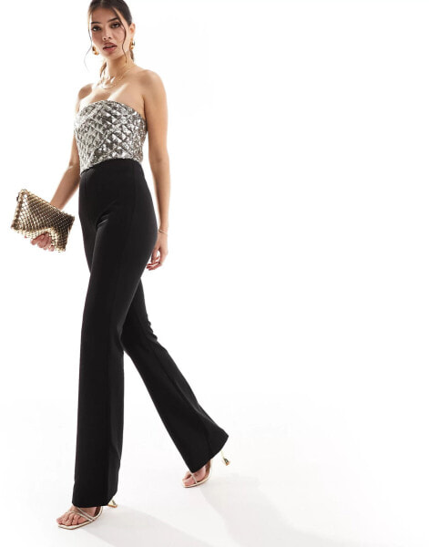 Mango gold one shoulder jumpsuit in black