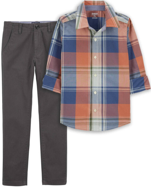 Kid 2-Piece Plaid Button-Front Shirt & Chino Pants Set 4