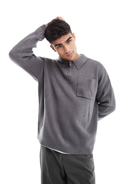 ASOS DESIGN oversized compact knit smart half zip in charcoal