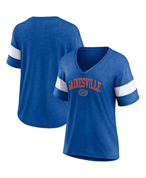 Women's Heathered Royal Florida Gators Arched City Sleeve-Striped Tri-Blend V-Neck T-shirt