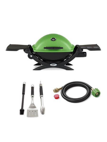Q 1200 Gas Grill (Green) With Adapter Hose And 3-Piece Grill Set