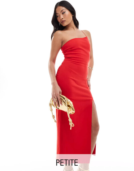 Vesper Petite – Midaxi-Kleid in Rot mit dünnem One-Shoulder-Träger und Beinschlitz