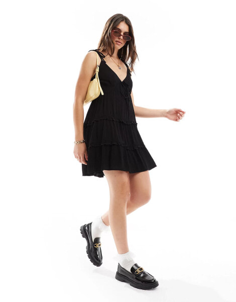 Miss Selfridge cheesecloth tiered mini sundress in black