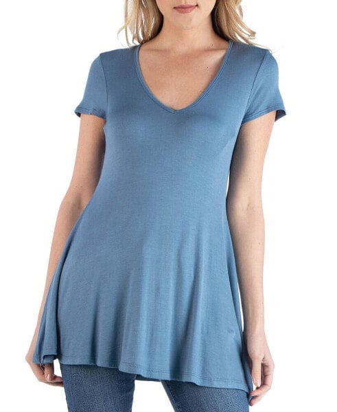 Women's Short Sleeve Loose Fit Tunic Top with V-Neck