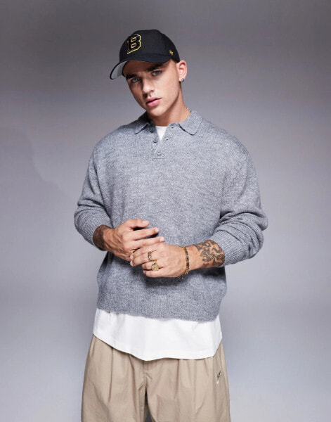 ASOS DESIGN oversized boxy fit knitted polo in grey