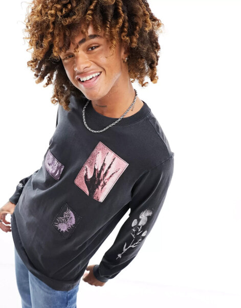 Weekday relaxed fit long sleeve t-shirt with graphic print patches in washed black