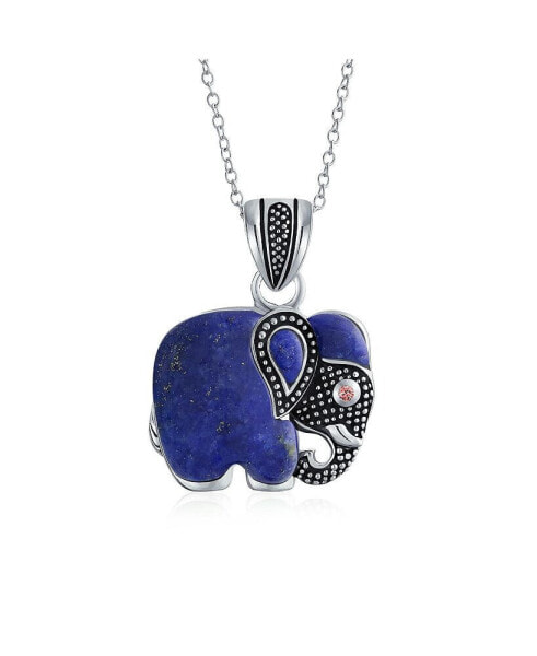 Bali Style Indian Elephant Tribal Blue Natural Lapis Lazuli Pendant Oxidized Sterling Silver Necklace For Women With Chain