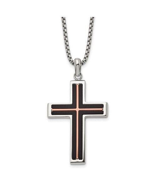 Brushed Black and Rose IP-plated Cross Pendant Box Chain Necklace