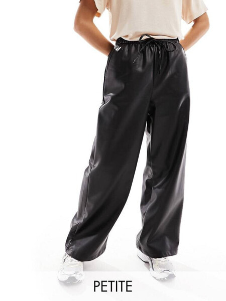 Stradivarius Petite faux leather wide leg jogger in black