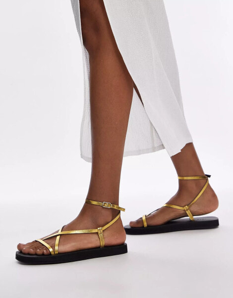 Topshop – Jules – Flache, minimalistische Riemchensandalen aus Leder in Gold