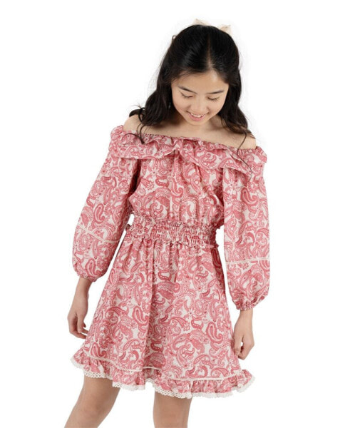 Big Girls Off-The-Shoulder Paisley Poplin Dress with Hair Clip