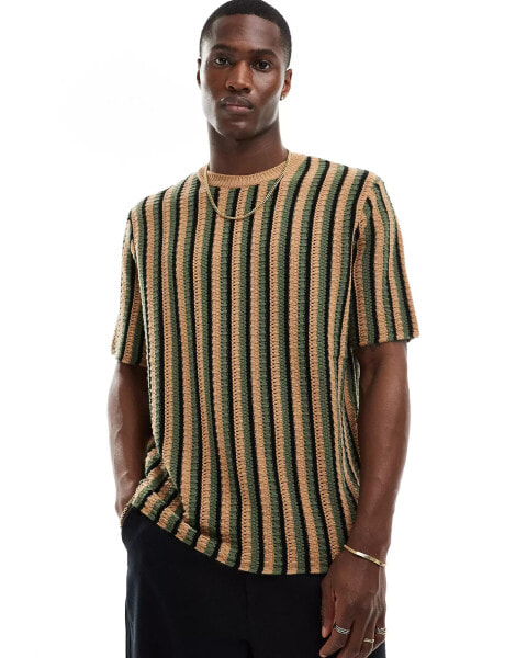 ASOS DESIGN relaxed knitted t-shirt in green textured stripe