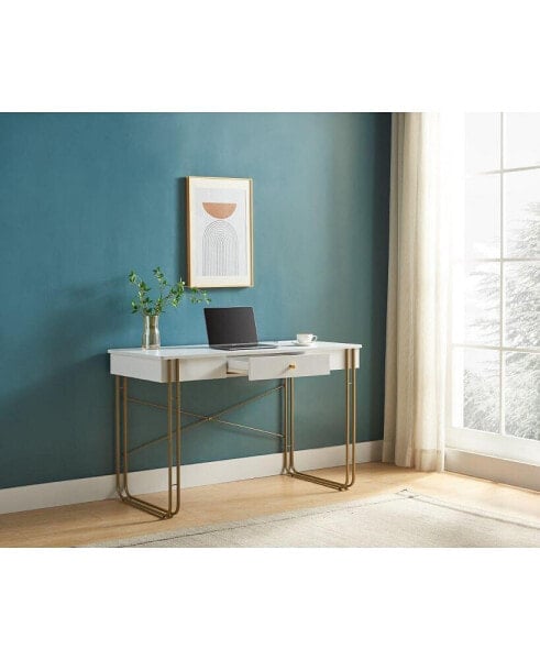 Zen-Inspired Writing Desk with Drawer, USB & Outlet Port - White & Gold