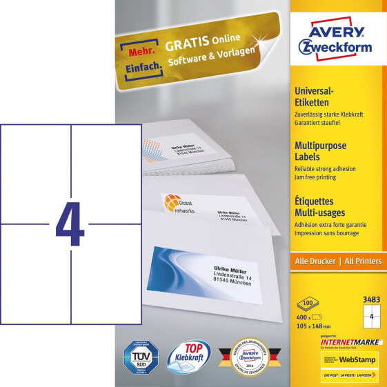 Avery Zweckform Avery 3483 - White - Rectangle - Permanent - 105 x 148 mm - A4 - Paper