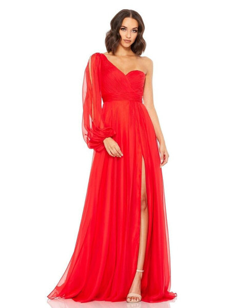 Women's Chiffon One Shoulder Slit Sleeve Flowy Gown