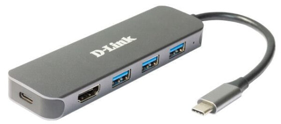 D-Link 5-in-1 USB-C Hub with HDMI/Power Delivery DUB-2333 - Wired - USB Type-C - 60 W - Grey - 5 Gbit/s - 4K Ultra HD