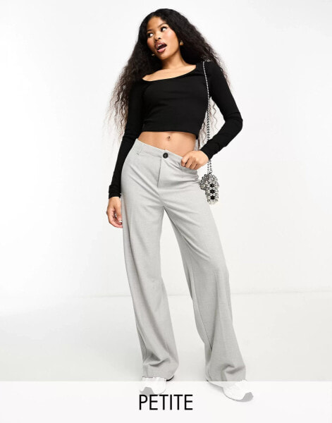 Bershka Petite wide leg dad trousers in pale grey