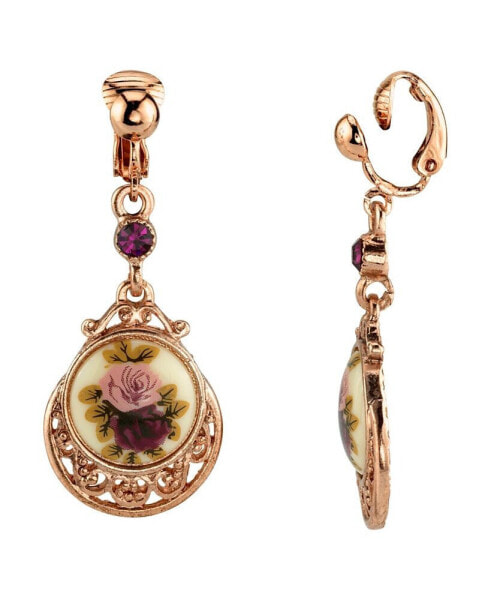 Rose Gold Tone Purple Crystal Flower Clip Drop Earrings