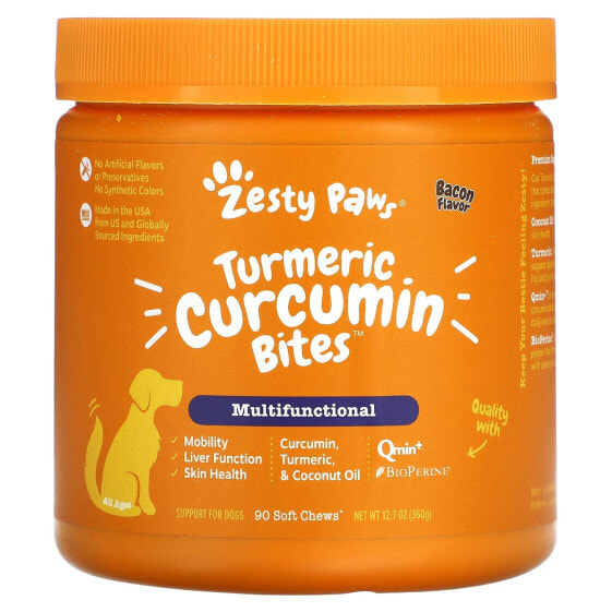 Витамин и добавка для собак Zesty Paws Turmeric Curcumin Bites, мультифункциональные, для всех возрастов, со вкусом бекона, 90 мягких лакомств