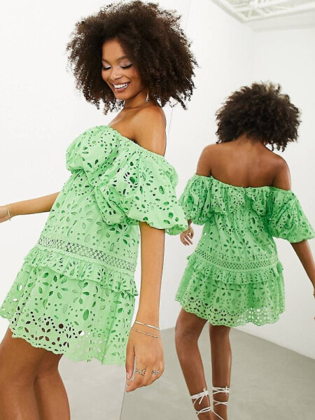 ASOS EDITION blouson off shoulder tiered broderie mini dress in bright green