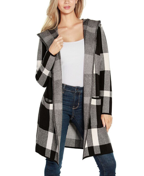 Women's Hooded Plaid Coatigan Sweater