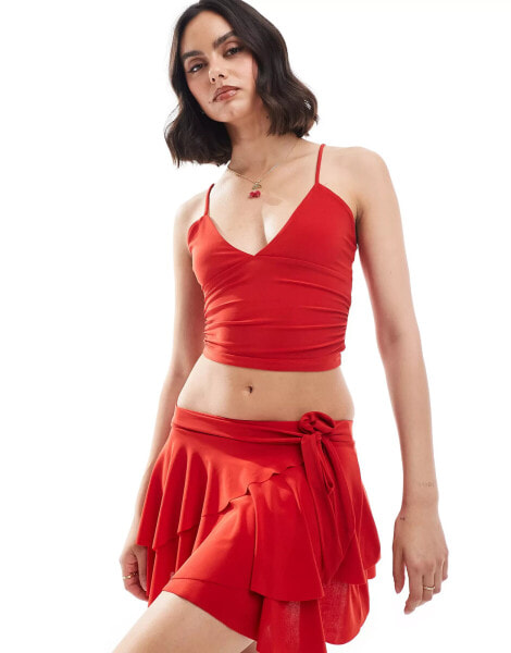 Pull&Bear strappy polyamide cami top co-ord in red