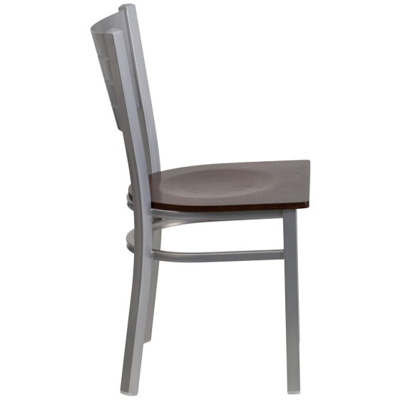 Hercules Series Silver Slat Back Metal Restaurant Chair - Walnut Wood Seat
