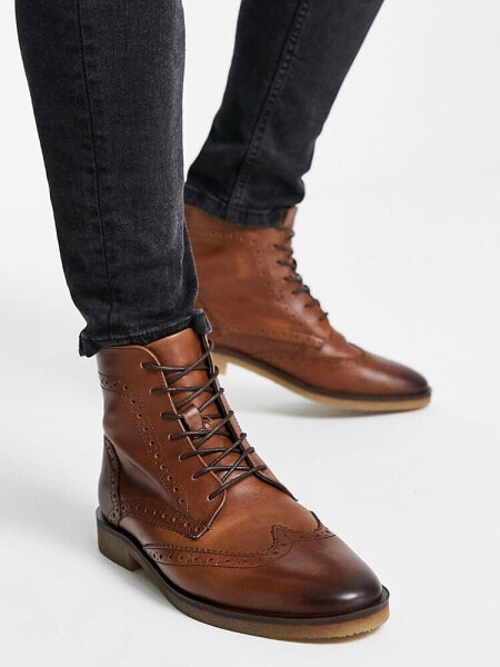 ASOS DESIGN brogue boots in tan leather with natural sole