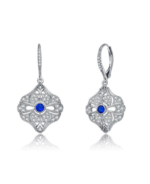 Sterling Silver White Gold Plated with Colored Cubic Zirconia Wreath Drop Earrings