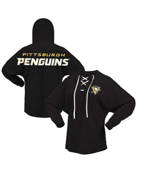 Women's Black Pittsburgh Penguins Jersey Lace-Up V-Neck Long Sleeve Hoodie T-shirt