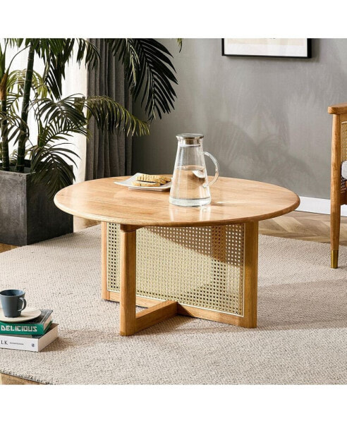 Elegant wooden coffee table with faux rattan accents